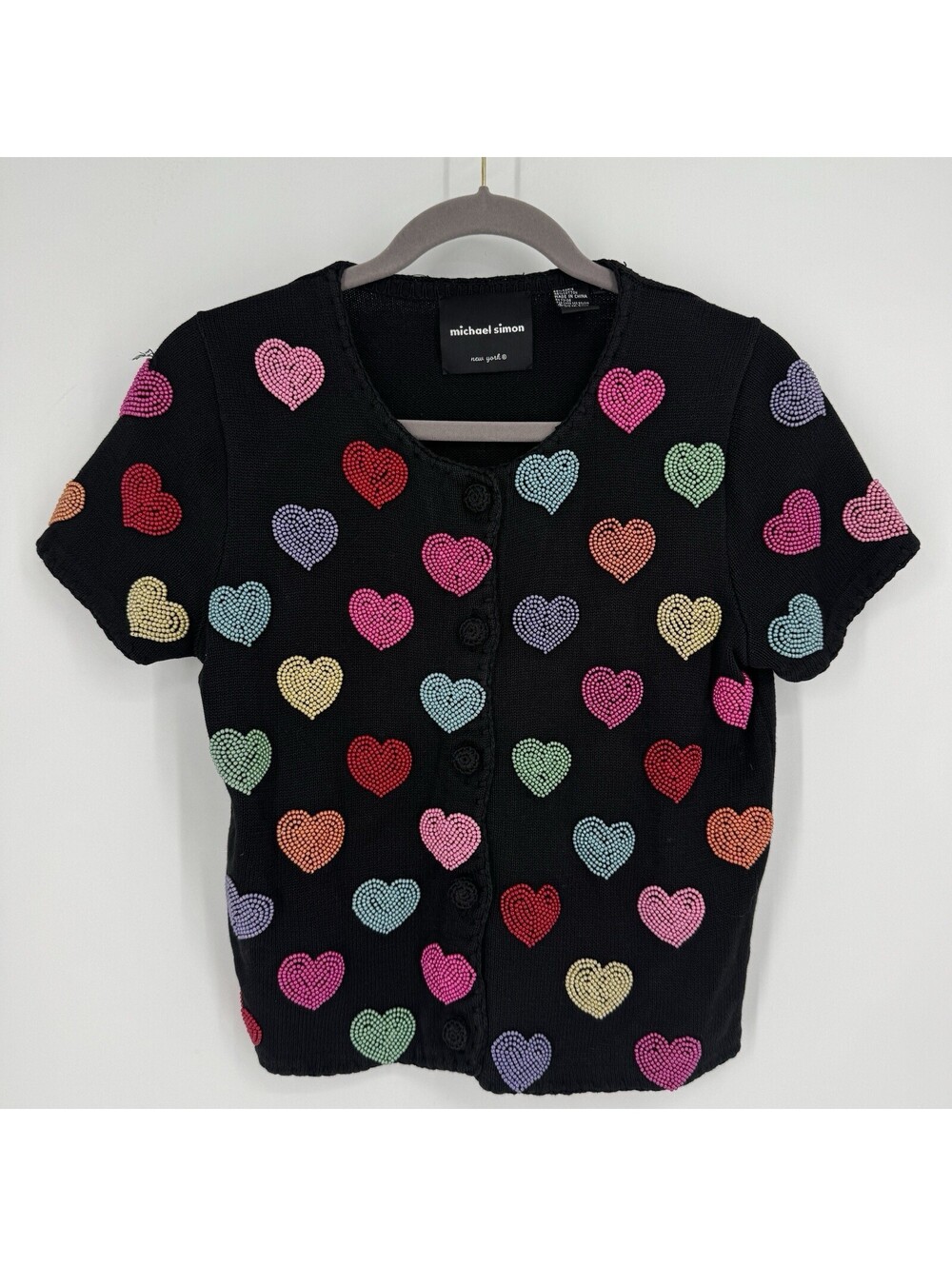 Michael Simon sweater womens small S black heart beaded vintage 80s 90s knit